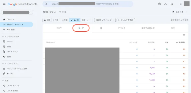 googleサーチコンソールページ