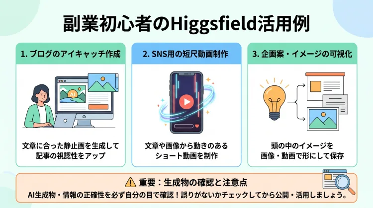 副業初心者がHiggsfieldを活用する具体例を解説したインフォグラフィック。1.ブログのアイキャッチ画像作成、2.SNS向け短尺動画の制作、3.企画案やイメージの可視化の3つの活用シーンと、公開前に必ず自分の目で生成内容の正確性を確認する注意点をまとめています。