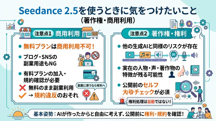 Seedance 2.5利用時の注意点を示すインフォグラフィック。タイトルは「Seedance 2.5を使うときに気をつけたいこと(著作権・商用利用)」。左側は「商用利用」の注意として、無料プランは副業用も含め不可で、規約違反を避けるため有料プランが必要と説明。右側は「著作権・権利」の注意として、実在の人物や著作物の特徴が残るリスクがあり、公開前のセルフチェックが不可欠と解説。下部には「基本姿勢:AIが作ったからと自由に考えず、公開前の権利・規約確認!」と強調しています。