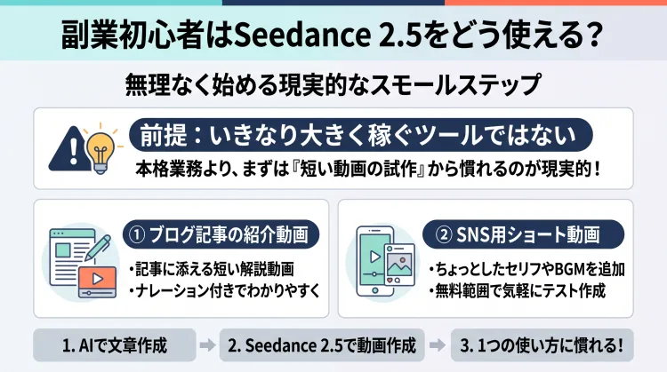 副業初心者のSeedance 2.5活用法をまとめたインフォグラフィック。タイトルは「副業初心者はSeedance 2.5をどう使える?」。すぐ稼ぐのではなく「ブログ記事用動画」や「SNS用ショート動画」の試作から始め、AI文章作成と組み合わせて慣れていく現実的なステップを解説しています。
