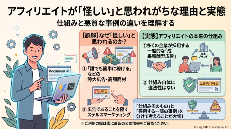 アフィリエイトが怪しいと思われる理由（誇大広告やステルスマーケティング）と、本来の実態（企業の一般的な成果報酬型広告手法）を対比して解説したインフォグラフィック