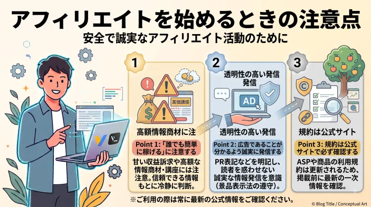 アフィリエイト開始時の3つの注意点（甘い収益訴求や高額商材への注意、広告明記などの誠実な発信、公式規約の最新確認）をまとめたインフォグラフィック