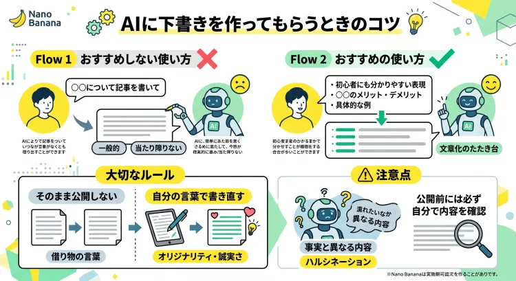 AIを使ってブログ記事の下書きを作成するコツを解説するインフォグラフィック画像。 上部にはタイトル「AIに下書きを作ってもらうときのコツ」。その下に、「おすすめしない使い方」と「おすすめの使い方」を比較するフローチャートがある。 おすすめしない使い方: ユーザーが「〇〇について記事を書いて」と一言丸投げするイラスト。AIロボットが、一般的で当たり障りのない文章を出力し、赤色のバツ印が描かれている。 おすすめの使い方: ユーザーが伝えたい要点を箇条書きで渡し、「この要点を文章にして」と頼むイラスト。要点は自分で整理しているため、内容がブレにくい。AIロボットが、それを基に分かりやすい文章のたたき台を作り、緑色のチェックマークが描かれている。 大切なルール: 下部に配置。AIが作った文章をそのまま公開するのではなく、「自分の言葉で書き直す」重要性を強調。「そのまま公開しない」と「借り物の言葉」に赤線、「自分の言葉で書き直す」と「オリジナリティ・誠実さ」に緑線。 注意点: 最後にAIロボットが混乱した表情で、「事実と異なる内容(ハルシネーション)」を出す可能性を指摘。「公開前には必ず自分で内容を確認」と、虫眼鏡で内容を確認するイラスト。