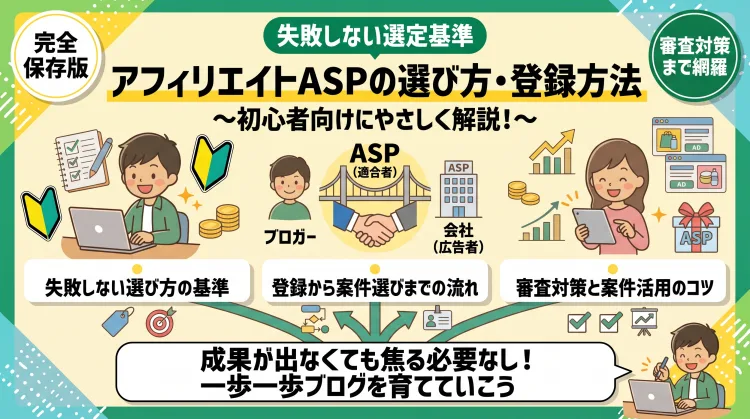 ブログ記事「アフィリエイトASPの選び方・登録方法〜初心者向けにやさしく解説！〜」のアイキャッチ画像。 ブロガーと企業をつなぐASPのイメージイラストと、笑顔でパソコンを操作する人物、「完全保存版」「失敗しない選定基準」のバッジや初心者マークが配置された、明るく信頼感のあるデザイン。
