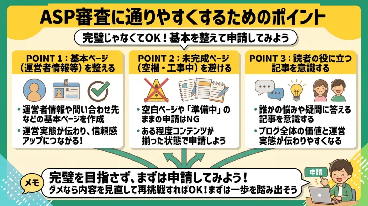 「ASP審査に通りやすくするための一般的なポイント」を解説した日本語インフォグラフィック。 運営者情報などの基本ページを整えて信頼感を伝える 空白ページや工事中ページを避けコンテンツを揃える 読者の悩みに答える役立つ記事を意識する の3つのポイントを紹介。完璧を目指しすぎず基本が整ったらまずは一度申請し、ダメなら見直して再挑戦すればよいという前向きな心構えをわかりやすく解説。