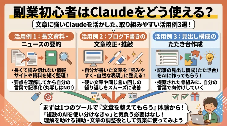 「副業初心者はClaudeをどう使える？」を解説した日本語インフォグラフィック。 文章に強いClaudeの初心者向け活用例として： 長い資料やニュース記事を短く要約してもらう 自分が書いたブログ下書きを読みやすい文章に整えてもらう 記事の見出し構成（たたき台）を作ってもらい肉付けする の3つを紹介。複数AIの使い分けに気負わず、まずは文章校正など1つの体験から慣れていくコツをわかりやすく解説。