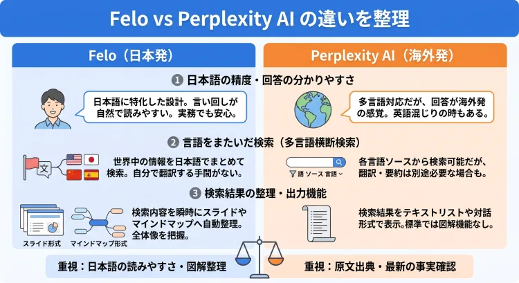 日本発のAI検索ツール「Felo」と海外発の「Perplexity AI」を3つの視点で比較したインフォグラフィック。1. 日本語の精度(Feloは特化、Perplexityは海外発の感覚)、2. 多言語横断検索(Feloは日本語でまとめて検索可、Perplexityは各ソースから検索)、3. 整理・出力機能(Feloはスライド・マインドマップ自動整理、Perplexityはテキスト表示)。下部にはそれぞれの重視するポイントがまとめられています。
