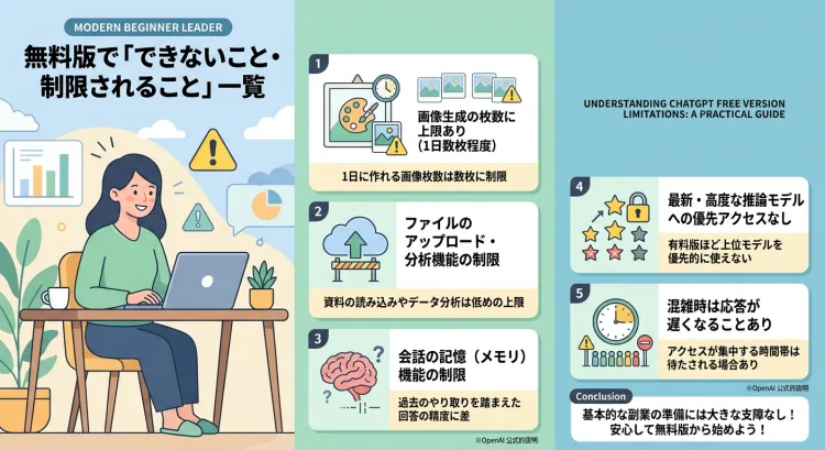 ChatGPT無料版で制限される5つの主要な機能と注意点を図解したインフォグラフィック。1.画像生成の枚数上限(1日数枚程度)、2.ファイルアップロード・分析機能の低い上限、3.会話の記憶(メモリ)機能の制限、4.最新・高度な推論モデルへの優先アクセスなし、5.混雑時の応答遅延について解説しています。基本的な副業の準備には大きな支障がないことも伝えています。