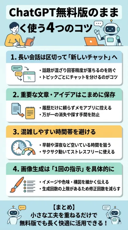 「ChatGPT無料版のまま賢く使うコツ」を解説したインフォグラフィック。1.会話が長くなったら新しいチャットを開く、2.重要データは外部のメモアプリにこまめに保存する、3.空いている時間帯(早朝・深夜)を狙う、4.画像生成は1回で具体的な指示を出して修正を減らす、という4つの実践的な工夫を図解しています。