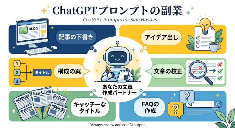 副業に役立つChatGPTプロンプト活用の図解。中央に『文章作成の相棒』となるAIキャラクターが描かれ、周囲に6つの活用例が示されています。左上から時計回りに:1.文章のたたき台作成(ブログ下書き)、2.アイデア出し(副業ジャンル選定)、3.見出し構成案(記事の骨組み)、4.文章の校正・推敲、5.キャッチコピー案(タイトル検討)、6.FAQ・想定質問の洗い出し。ChatGPTへの指示(プロンプト)でこれらの作業効率化が可能であることを表しています。最後は必ず自分の言葉で確認・修正が必要という注意点も含まれています。