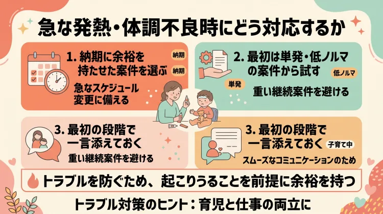 「急な発熱・体調不良時にどう対応するか」を解説したインフォグラフィック。子どもの突発的な予定変更に備えるため、「1. 納期に余裕のある案件選び」「2. 単発・低ノルマ案件からのスタート」「3. 事前のリスク共有」という3つの工夫例と、余裕を持った仕事選びの大切さをまとめています。