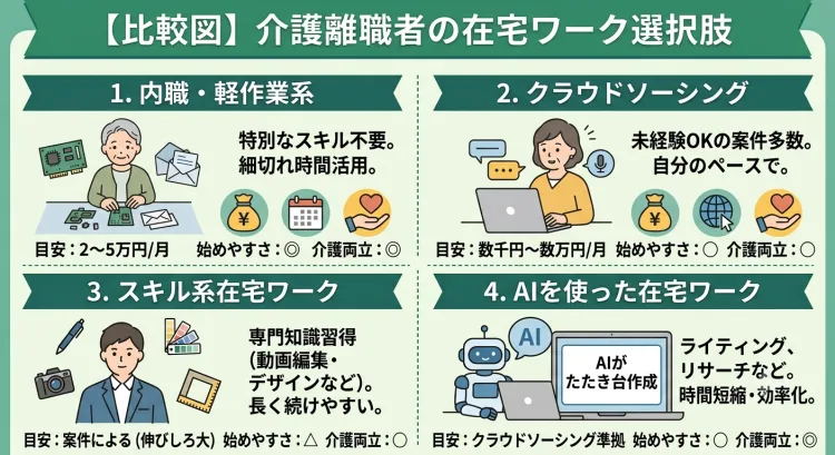 内職・軽作業系:特別なスキル不要、細切れ時間を活用できる。収入の目安は2〜5万円程度。始めやすさ◎、介護両立◎