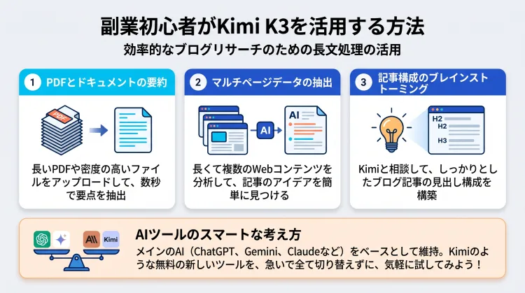 副業初心者のKimi K3活用法をまとめたインフォグラフィック。長いPDF資料の要約、複数ページの要素抽出、ブログ記事の見出し構成作成という3つの実践例と、既存AI(ChatGPT等)を軸に気楽に新ツールを試すコツを図解。