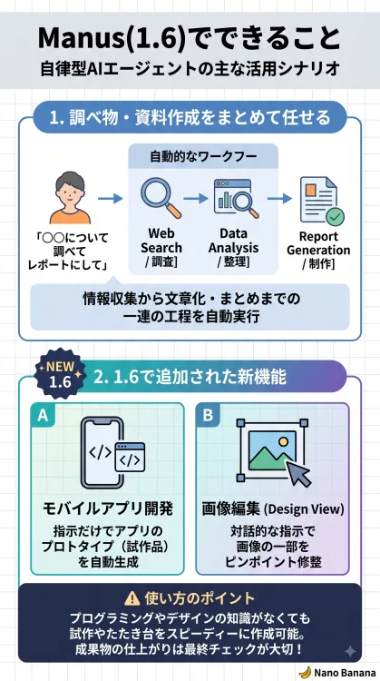 「Manus(1.6)でできること」を解説した日本語インフォグラフィック。 主な機能として2つの項目が紹介されている。 「調べ物・資料作成をまとめて任せる」:ユーザーが指示を1つ出すだけで、Web検索・情報整理・レポート作成までの一連の工程をAIが自動で実行する。 「1.6で追加された新機能」:テキスト指示のみでアプリの試作品を作る「モバイルアプリ開発」と、対話的に画像を修正できる「画像編集(Design View)」が新登場。 まとめとして「専門知識がなくても試作・たたき台を素早く作成できるが、最終的な成果物のチェックは人が行うことが大切」と付記されている。
