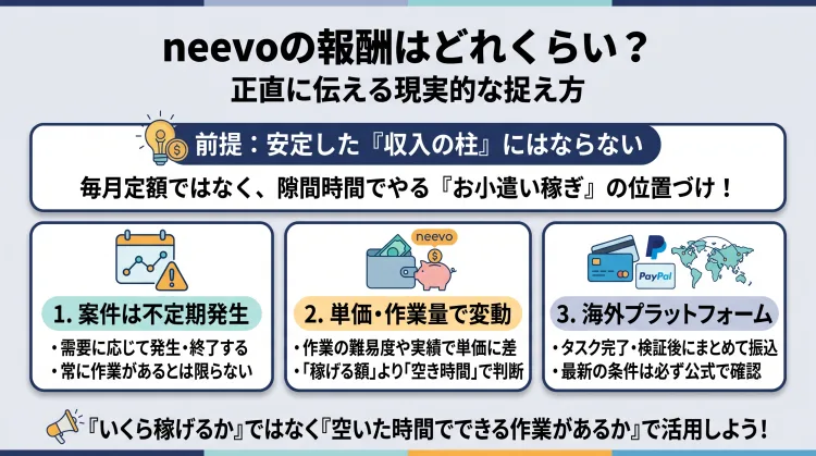 neevoの報酬と現実的な考え方を解説したインフォグラフィック。タイトルは「neevoの報酬はどれくらい? 正直に伝える現実的な捉え方」。「安定した収入の柱ではなく隙間時間のお小遣い稼ぎ」という前提や、案件が不定期発生であること、海外プラットフォームの振り込み仕様について図解しています。
