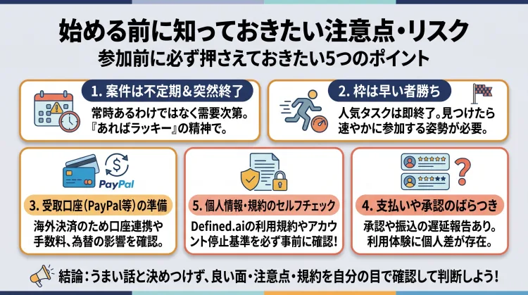 Neevoを始める前に知っておきたい注意点・リスクの解説インフォグラフィック。タイトルは「始める前に知っておきたい注意点・リスク」。1. 案件の不定期発生、2. 早い者勝ちの枠、3. PayPal等決済の準備、4. 支払いや評価のばらつき、5. 規約と個人情報の事前確認、の5つのポイントと最終判断の考え方を図解しています。
