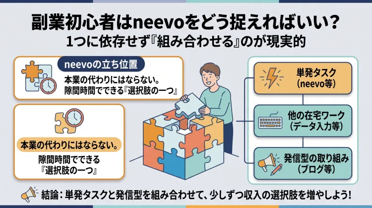 副業初心者のneevoの捉え方をまとめたインフォグラフィック。「本業の代わりではなく隙間時間の選択肢の一つ」という立ち位置を説明し、neevoのような単発タスクと、他の在宅ワーク(データ入力等)や発信型の取り組み(ブログ等)を組み合わせて収入源を増やす現実的な考え方を図解しています。