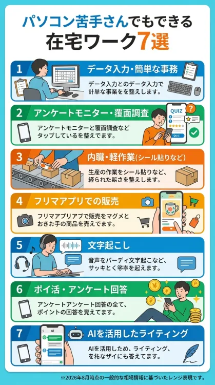 「パソコン苦手さんでもできる 在宅ワーク7選」を解説したインフォグラフィック。スマホを活用できる仕事を7つ紹介しています。データ入力、アンケートモニター、内職、フリマアプリ販売、文字起こし、ポイ活、AIライティングのそれぞれの仕事内容が、かわいいイラストと簡潔な説明でわかります。