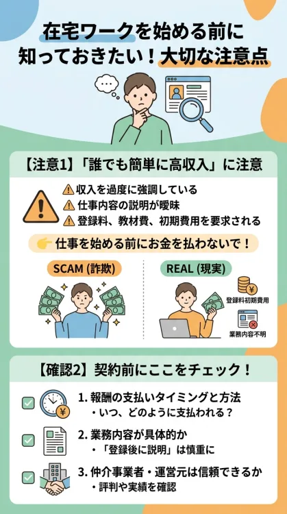 在宅ワークを始める前の注意点をまとめたインフォグラフィック。前半では「誰でも簡単に高収入」をうたう案件に注意し、登録料や教材費など初期費用を要求されたり仕事内容が曖昧な場合は慎重になるよう呼びかけています。後半では、契約前に確認すべきポイントとして、報酬の支払い条件、具体的な業務内容、仲介事業者の信頼性を挙げています。