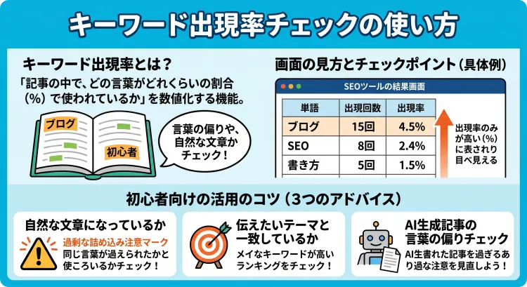 EOチェキの「キーワード出現率チェックの使い方」を解説した日本語インフォグラフィック。 記事内で使われている単語の回数や割合(%)を確認する機能について紹介。 主なポイントとして「特定の言葉を詰め込みすぎていないか」「記事のテーマ(メインキーワード)が上位にきているか」「AI記事の言葉の偏りを防ぐ」などの活用のコツをイラストと表でわかりやすく解説。