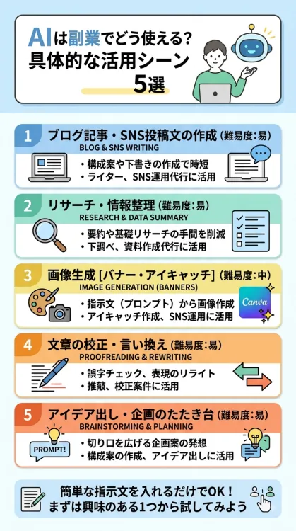 AIを副業で使う具体的な活用シーン5つを解説したインフォグラフィック。1.ブログ・SNS文章作成、2.リサーチ・情報整理、3.バナー・アイキャッチ画像生成、4.文章の校正・言い換え、5.アイデア出し・企画のたたき台の5領域について、それぞれの難易度や役立つ副業ジャンルを図解しています。
