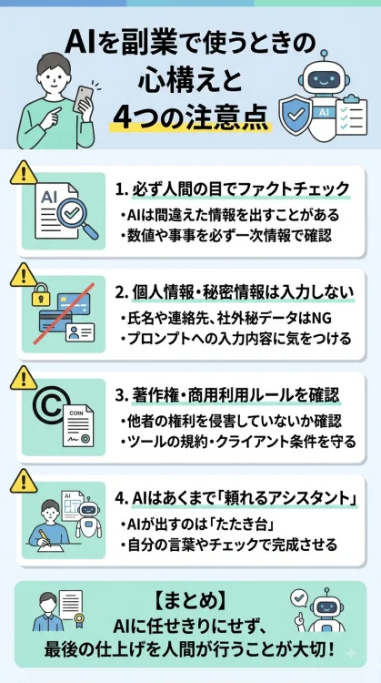 AIを副業で使うときの心構えと注意点を解説したインフォグラフィック。1.事実確認(ファクトチェック)の徹底、2.個人情報・秘密情報を入力しないこと、3.著作権や利用規約の確認、4.AIはあくまでアシスタントとして使い最終仕上げは人間が行うこと、の4つのポイントを図解しています。