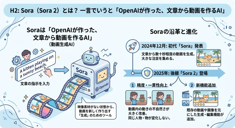 Sora(Sora 2)について解説するインフォグラフィック。左側ではユーザーが「晴れたビーチで遊ぶ子猫」という文章の指示を入力すると、SoraというOpenAI製のAIロボットが動画を生成して出力する様子を描いています。右側ではタイムラインを用いて、2024年12月の初代「Sora」発表と、2025年の後継「Sora 2」登場による精度・一貫性の向上や新機能追加といった進化を紹介しています。全体的にNano Bananaスタイルの親しみやすいイラストとテキストで構成されています。