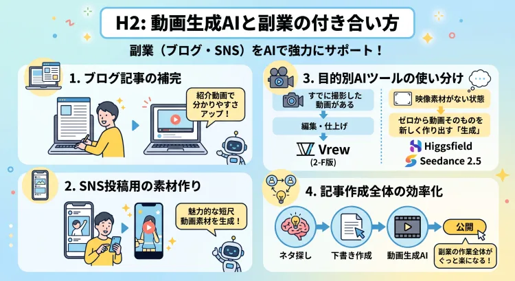 「動画生成AIと副業の付き合い方」を解説したインフォグラフィック。ブログ記事の補完やSNS投稿素材での活用法、目的別のツール使い分け(編集はVrew、新規生成はHiggsfieldやSeedance 2.5)、文章生成AIとの連携による効率化の流れを4つのステップでイラスト表記しています。