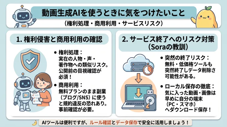 動画生成AI利用時の注意点を解説したインフォグラフィック。実在人物や著作権への侵害リスクと目視確認の重要性、プランごとの商用利用規約の事前確認、さらにSoraのサービス終了事例を踏まえた「作成データの早期ローカル保存・ダウンロード」の必要性をイラスト付きでまとめています。