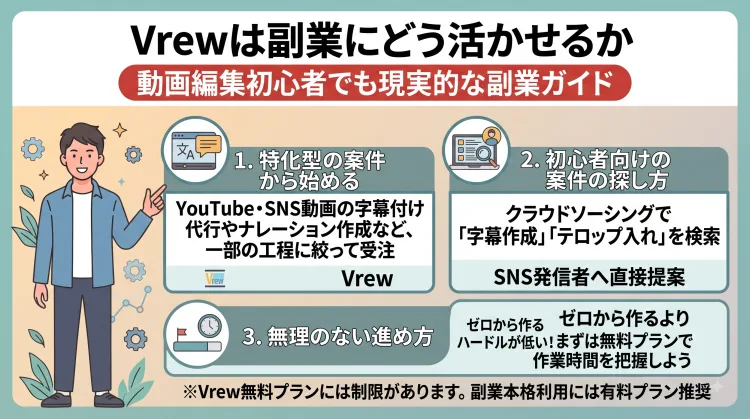 「Vrewは副業にどう活かせるか」を解説したインフォグラフィック。動画編集を一から行うのではなく、字幕付け代行やナレーション作成など一部工程に特化して受注する働き方や、クラウドソーシングでの案件の探し方、無料プランでの練習方法などが分かりやすくまとめられています。