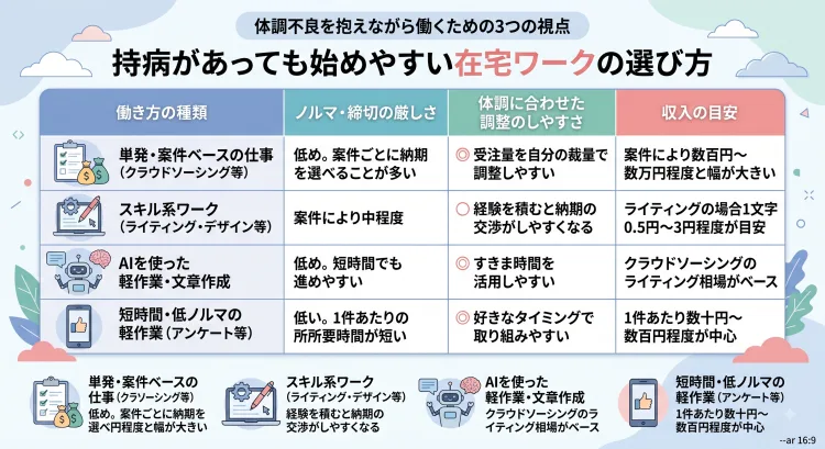 「持病があっても始めやすい在宅ワークの選び方」をテーマにした、比較表形式の日本語インフォグラフィック。4つの働き方(単発・案件ベース、スキル系ワーク、AIを使った軽作業、短時間・低ノルマの軽作業)について、ノルマ・締切の厳しさ、体調に合わせた調整のしやすさ、収入の目安が、アイコン付きでまとめられています。下部には、それぞれの特徴の要約が添えられています。