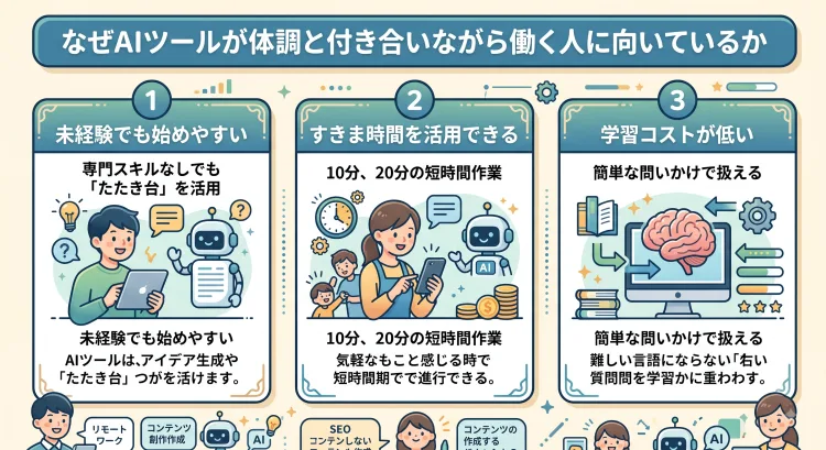 「なぜAIツールが体調と付き合いながら働く人に向いているか」を3つの理由で解説したインフォグラフィック。「1. 未経験でも始めやすい(AIがアイデアやたたき台を作成)」「2. すきま時間を活用できる(10分・20分の短時間作業が可能)」「3. 学習コストが低い(プログラミング不要で問いかけのコツを掴むだけ)」というメリットをイラストと図解でまとめています。