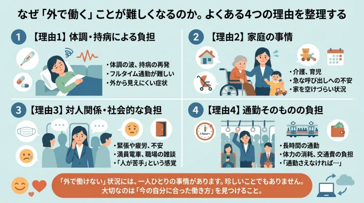 外に出て働くことが難しい理由を4つに整理したインフォグラフィック。理由1:体調・持病による負担(体調の波、持病の再発、通勤の困難)。理由2:家庭の事情(介護、育児、家を空けられない状況)。理由3:対人関係・社会的な負担(緊張、疲労、満員電車、職場の人間関係)。理由4:通勤そのものの負担(長時間の通勤、体力の消耗、交通費)。どの理由であっても珍しいことではなく、大切なのは今の自分に合った働き方を見つけることであると伝えている。