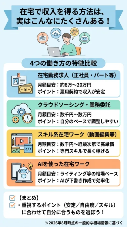 在宅で収入を得る4つの方法を解説したインフォグラフィック。1.在宅勤務求人(安定重視)、2.クラウドソーシング・業務委託(自分のペース重視)、3.スキル系在宅ワーク(将来性・専門性重視)、4.AIを使った在宅ワーク(作業効率重視)のそれぞれの特徴と収入目安を分かりやすく比較・図解しています。