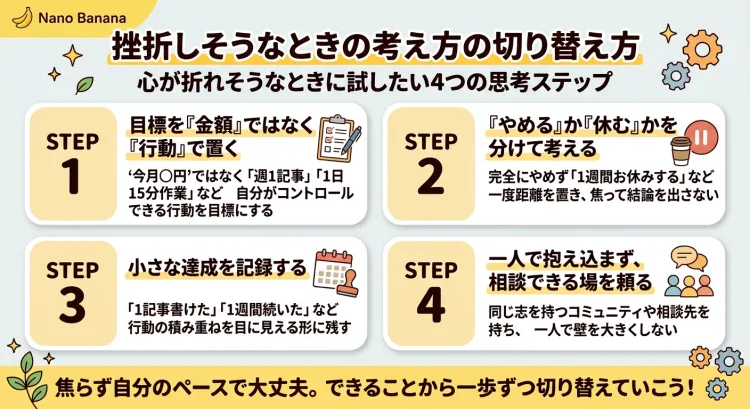ブログ副業で挫折しそうなときの考え方の切り替え方4ステップを解説したインフォグラフィック。1.目標を金額ではなく行動(1日15分など)で置く、2.完全にやめず『休む』選択肢を持つ、3.カレンダー等に小さな達成を記録する、4.一人で抱え込まず相談できる場を頼る、という思考の切り替え法を図解しています。
