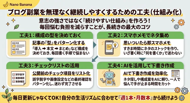 ブログ副業を無理なく継続しやすくするための『仕組み化』の工夫を解説したインフォグラフィック。記事の型(構成)の決定、スマホメモでのネタ集め、公開前チェックリストの活用、AIを使った下書き作成など、意志の力に頼らず自分のペースで長く続けるコツを図解しています。
