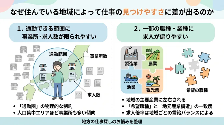 地域による仕事の見つけやすさの差を生む2つの構造的理由(1.通勤圏内の事業所・求人数の制約、2.地域の主要産業による職種の偏り)を解説した図解