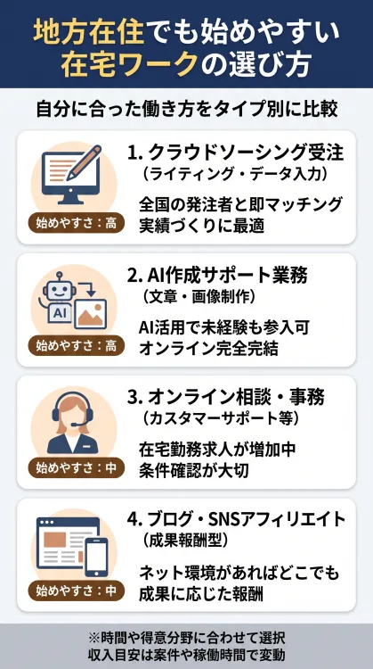 地方在住でも始めやすい在宅ワーク4種(クラウドソーシング、AI作成サポート、オンライン事務・サポート、ブログ・SNSアフィリエイト)の特徴と選び方を比較したインフォグラフィック