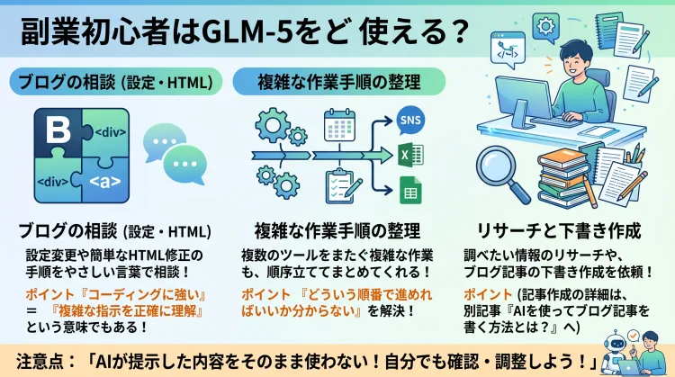 副業初心者がGLM-5を活用する方法を解説するインフォグラフィック。ブログの設定変更やHTML修正の相談、複雑な作業手順の整理、情報のリサーチや記事の下書き作成といった具体的な活用例と、AIの提示内容をそのまま使わずに確認・調整することの重要性をまとめています。