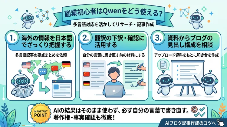 副業初心者がQwenを活用する3つの方法(海外情報の把握、翻訳の下訳、ブログの見出し相談)と、重要な注意点(自分の言葉で書き直す、著作権・事実確認)をまとめたインフォグラフィック。